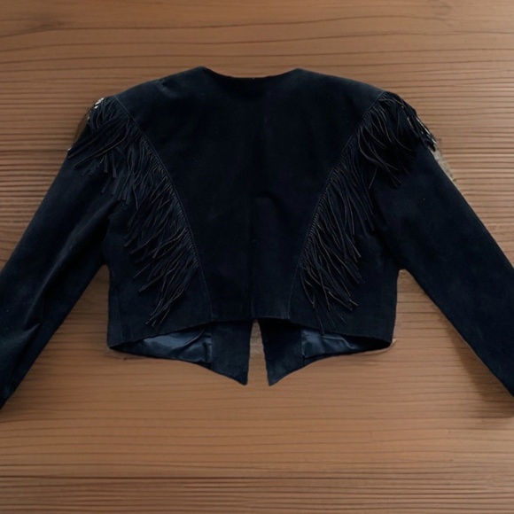 TONY LAMA Women's 14 Southwest Fringed Beaded Black Suede Leather Bolero Jacket - Picture 7 of 13